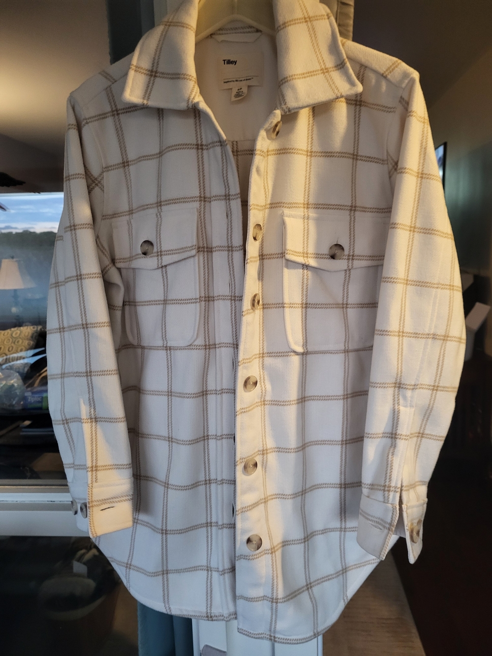 Tilley Women's Cream Windowpane Button-Down Shirt Jacket